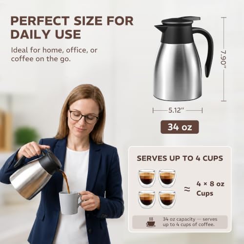 Thermal Coffee Carafe for Keeping Hot – 34OZ Insulated Small Coffee Pot - Image 7