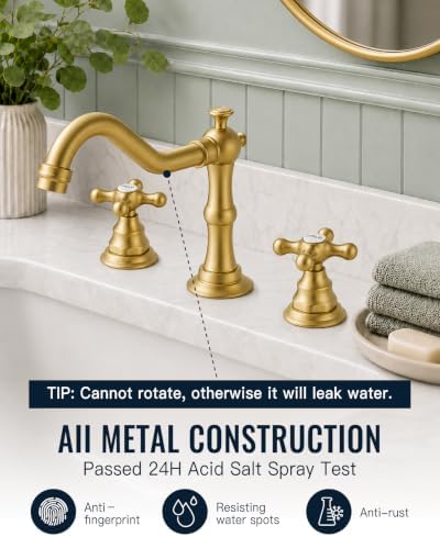 gotonovo Bathroom Faucet 3 Hole Vintage, Brushed Gold, Hot Cold Label - Image 2
