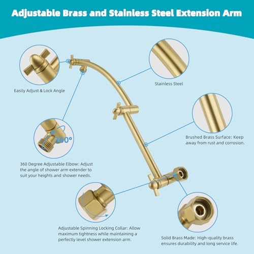 Hibbent Rain Shower Head, 13'' High Pressure Rainfall Square 5 Spray Mode Showerhead with 16" Shower Head Extension Arm, Solid Brass Adjustable Shower Arm Extender, Brushed Gold - Image 5