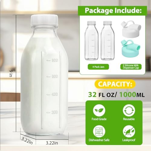 CUCUMI 4 Pack 32 Oz Glass Milk Bottle with Reusable Lid - Image 3
