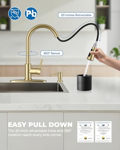 WEWE Kitchen Faucet with Soap Dispenser Set, Pull-Down Sprayer, Gold - Image 3