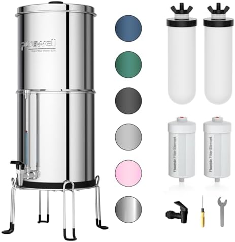 Purewell 8-Stage Gravity Fed Water Filter System, 2.25 Gallon Stainless Steel Countertop System with 4 Filters, Metal Water Level Spigot and Stand, Reduce Fluoride and Chlorine, PW-OBT-CF by Purewell