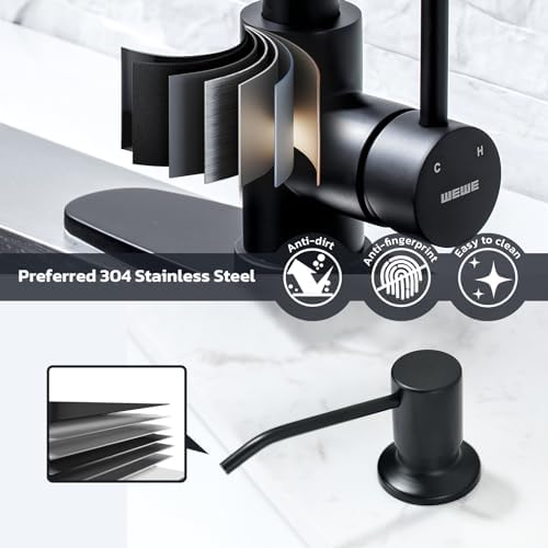 WEWE Kitchen Faucet with Soap Dispenser, Stainless Steel, Matte Black - Image 4