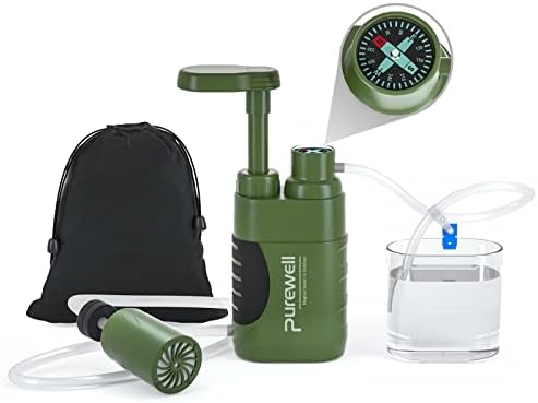 Purewell Water Hand Purifier Pump with Replaceable Carbon 0.01 Micron Water, Stages, Portable Outdoor Emergency and Survival Gear - Camping, Hiking, Backpacking(Green) by Purewell