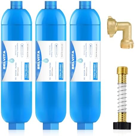 BELVITA RV Inline Water Filter with 90 Degree Elbow and Flexible Hose by BELVITA