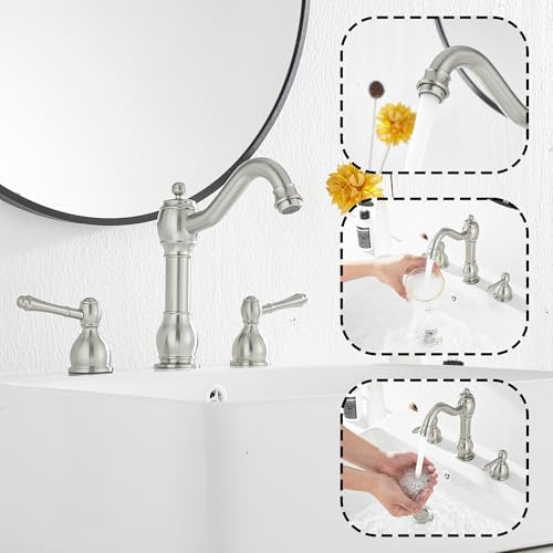2 Handles 3 Holes Faucet Widespread Bathroom Sink Faucet Basin Tap Mixer Supply Hose Included Matching Pop Up Drain Brushed Nickel - Image 4