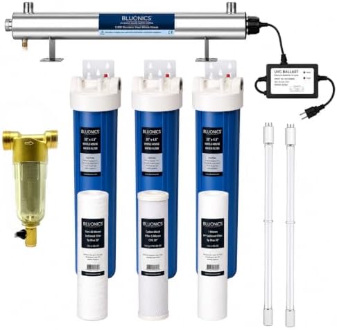 Bluonics 110w Complete Well Water Filter System with a pre-Filter, Extra Filter Set and 2 uv Bulbs, 4-Stage Filtration with uv Water Treatment, Triple 20 x 4.5 Sediment and Carbon Filters, 24 gpm by BLUONICS