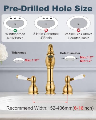 Aolemi Widespread Bathroom Sink Faucet 3 Hole White Lever Polish Gold - Image 3