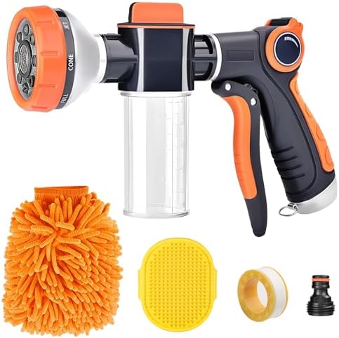 Garden Hose Nozzle, Dog Washing Hose Attachment, 8 Patterns Hose Sprayer High Pressure Metal Water Hose Nozzle with Soap Dispenser Bottle Dog Bath Brush Car Washing Mitt for Pet Garden Car Washing by KYVIAUM