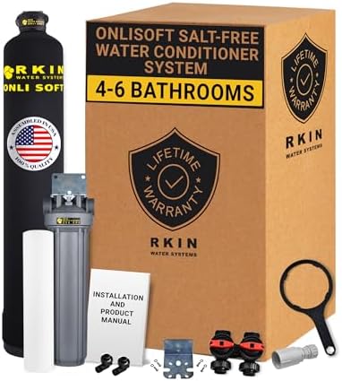 RKIN OnliSoft Salt-Free Whole House Water Softener Alternative, Water Conditioner System for 4-6 Bathrooms (OS10), Prevents Scale Buildup, No Electricity or Drain Needed, DIY Install, 15 GPM by RKIN