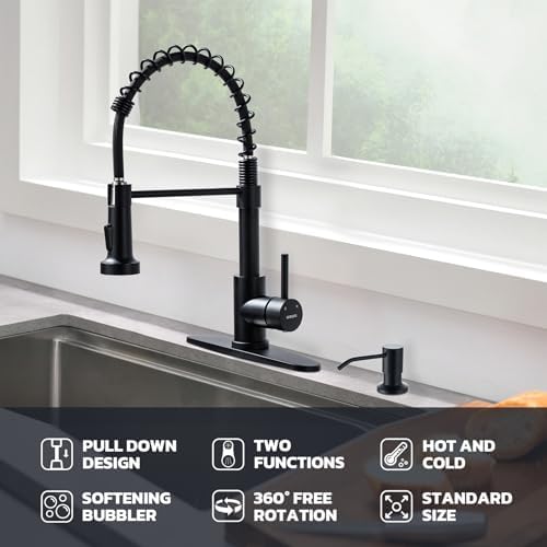 WEWE Kitchen Faucet with Soap Dispenser, Stainless Steel, Matte Black - Image 2