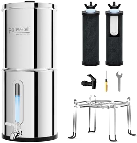 Purewell 2.25G Gravity Water Filter System with Water Level Window, 3-Stage 0.01μm Ultra-Filtration Stainless Steel Countertop System with 2 Filters and Stand, Reduce 99% Chlorine, PW-KS by Purewell