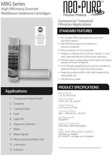 The Neo-Pure MBG-25098 is a High Efficiency 9-7/8" Polypropylene Sediment Depth Filter, which is a reliable and economical solution for pre-filtration in many applications.. (MBG-25098-01) - Image 3