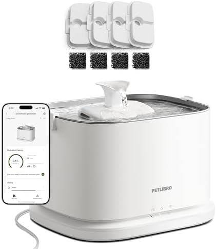 Bundle of PETLIBRO Dog Water Fountain Stainless Steel Tray with 4 Packs Fountain Filter Replacement, Smart Pet Water Fountain for Dogs Inside with App Monitoring, 3L Dog Fountain Water Bowl by Unknown