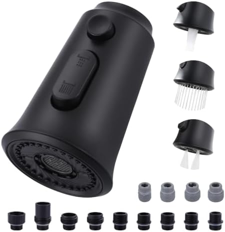 WOWOW Kitchen Faucet Head Replacement, 3 Function Pull Down Faucet Sprayer Head with 13 Adapters, Matte Black Kitchen Sprayer Nozzle Compatible with Moen, Delta, Kohler Faucets by WOWOW