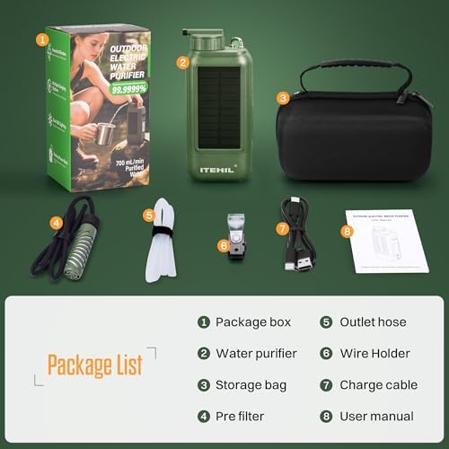 ITEHIL Portable Electric Water Filter, 0.01 Micron Camping Water Purifier with Solar, Outdoor Water Purification System for Camping, Hiking, Emergency & Survival - Image 6