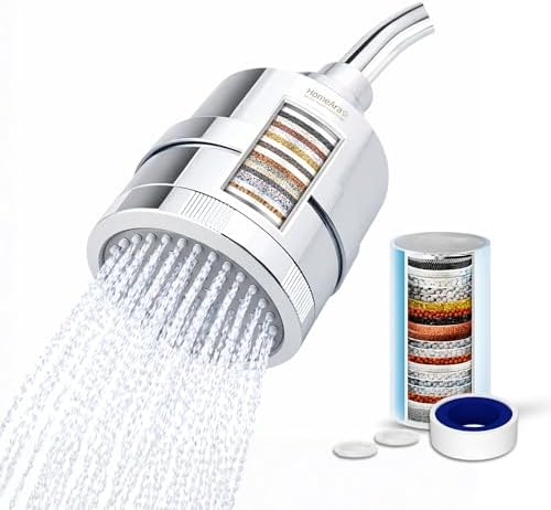 15 Stage Filtered Shower Head with High Pressure, Hard Water Shower Filter for Hair and Skin, Removes Chlorine Fluoride, 360° Swivel Water Softener Shower Head, Chrome by HomeAra