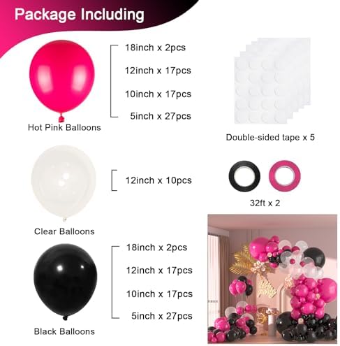 136pcs Hot Pink Black Balloon Arch Kit with Clear Balloons - Image 2