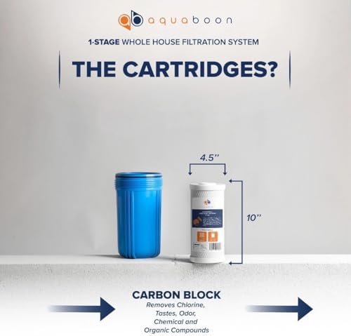 Aquaboon Whole House Water Filter System for Well Water with 5 Micron 10x4.5 Carbon Block Chlorine Reduction Cartrige | NSF Certified, Pressure Gauges & Releas, Wrench, Bracket 1" NPT - Image 3
