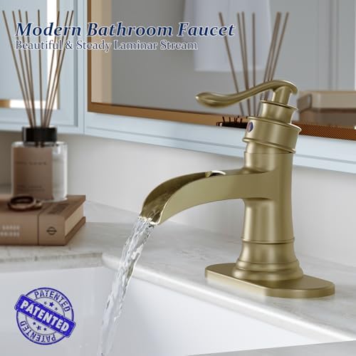 BWE Solid Brass Brushed Gold Waterfall Bathroom Faucet for Modern & Classic - Image 2