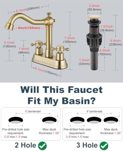 Aolemi 4 Inch Centerset Bathroom Sink Faucet 2 Handle Brushed Gold - Image 6