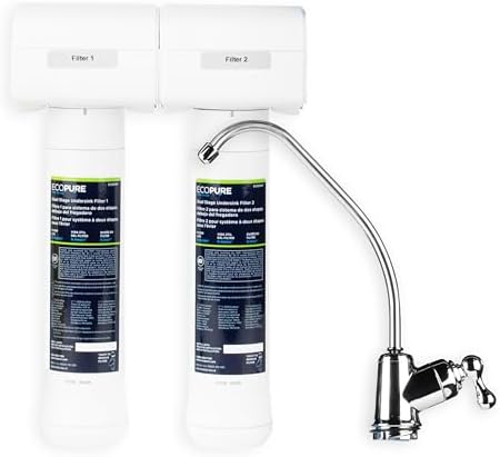 EcoPure ECOP20 2 Stage Under Sink Water Filter System – NSF-Certified to Reduce 58 Contaminants – Clean Drinking Water – Easy Filter Changes – Includes Chrome Faucet & Filters by EcoPureWaterSolutions