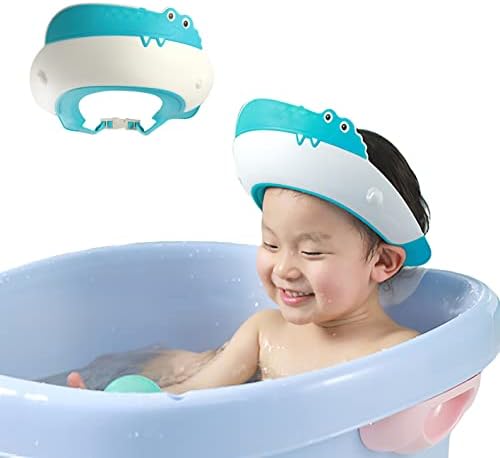 Baby Shower Cap Shield, Shower Cap for Kids, Visor Hat for Eye and Ear Protection for 0-9 Years Old Children,Cute Dinosaur/Crocodile/Hippo shape Makes the Baby Bath More Fun (Crocodile, Blue) - Image 2
