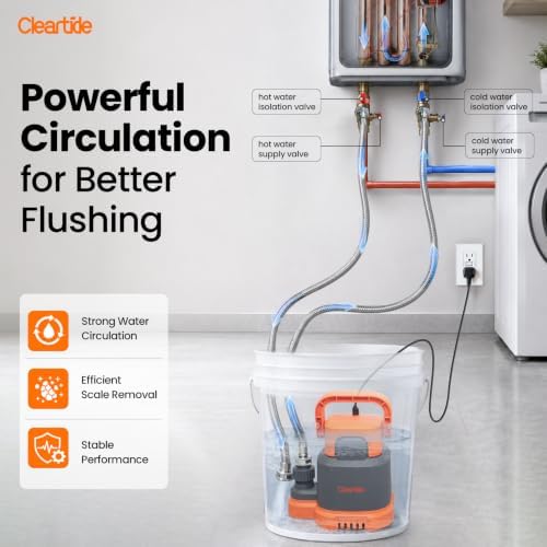 Cleartide Tankless Water Heater Flush Kit with 1/4 HP Circulation Pump, 2 Stainless Steel Hoses & Flush Bucket, Reusable Descaling Maintenance Kit for DIY Water Heater Cleaning System - Image 3