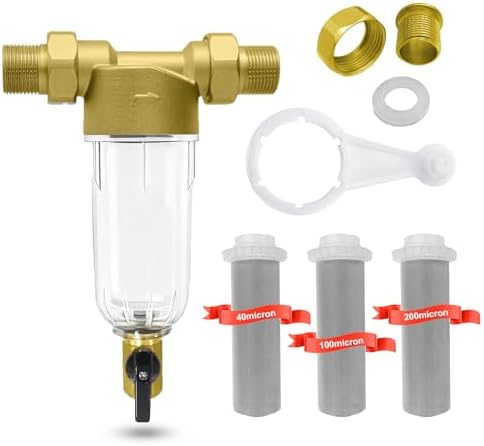 Spin Down Sediment Filter, Inline Water Filter for Home Well Water, 40/100/200 Micron Whole House Prefilter Filtration System, 1" MNPT + 3/4" FNPT + 3/4"MNPT, Lead-Free Brass by Heliwoo