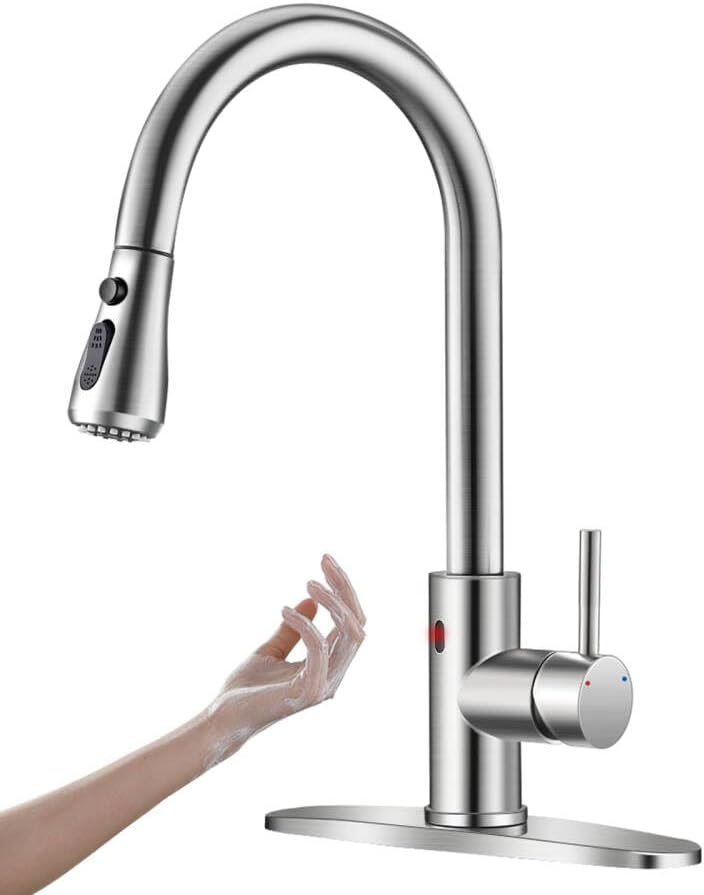 Touchless Kitchen Faucet with Pull Down Sprayer for Kitchen Sink, Single Handle Motion Sensor Faucet with LED Light and Dual-Function Spray, Hands-Free Brushed Nickel Stainless Steel by OWOFAN