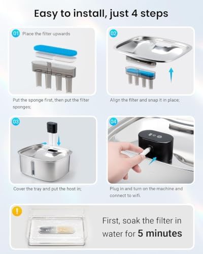 10L Pet Water Fountain Filters, Stainless Steel Dog Cat Dispenser with Wi-Fi, 2.64 Gallon Automatic Filtered Water Bowl Using Filter, 8 Filters and Sponges - Image 5