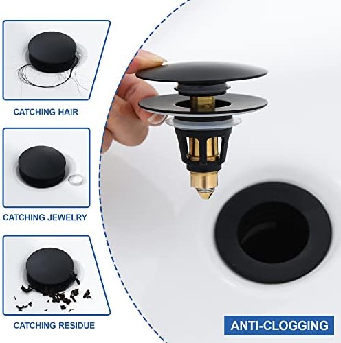Universal Bathroom Sink Stopper - Pop Up Sink Drain Stopper, Push Button Flixfilter Sink Drain Stopper Replacement, Wash Basin Drain Filter Plug Anti-Clogging Basket, Matte Black - Image 4