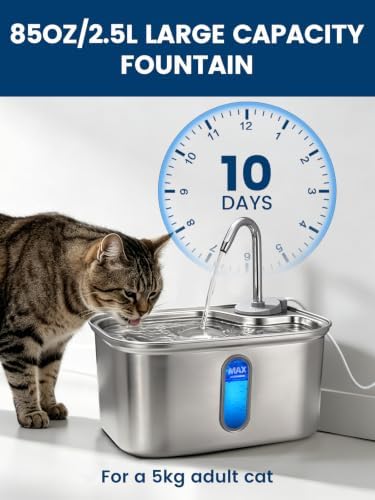 Cat Water Fountain Stainless Steel for Cats Indoor 2.5L 85oz by BPA-Free SUS304, Effective 6-Layer Filter Cat Fountain for Drinking 15dB Ultra Quiet Metal Pet Water Fountain (Fountain+1 Filter) - Image 3