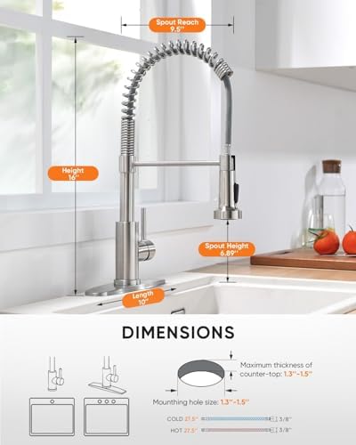Pull Down Kitchen Faucet with Spring Sprayer, Brushed Nickel — SUS304 Lead-Free Stainless Steel, Single Handle, Fits 1 or 3-Hole Sink with Deck Plate for Farmhouse, RV, Bar, Laundry Room - Image 4