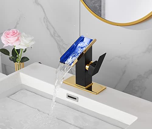 One Hole Bathroom Faucets LED Waterfall Spout Black and Gold RGB 3 Colors Light Changing Temperature Lavatory Vanity Sink Faucet Brass Single Handle Modern Washbasin Bath Tap Commercial Residential - Image 4