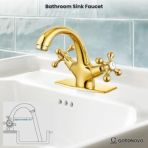 gotonovo Bathroom Sink Faucet 1 Hole Double Cross Handle, Polish Gold - Image 6
