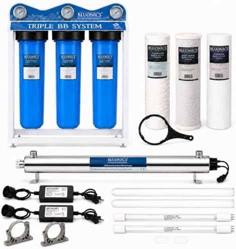 Bluonics 110W Whole House Water Filter System for Well & City Water, 4-Stage Water Filtration System with UV Water Treatment, Triple 20 x 4.5 Sediment & Carbon Filters, 1 Inch MNPT, 24 GPM by BLUONICS