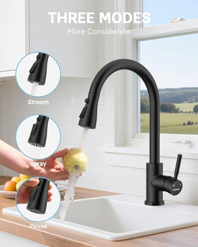 WEWE Pull-Down Kitchen Faucet with Soap Dispenser Set, Matte Black - Image 3