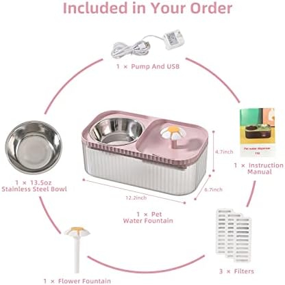 Cat Water Fountain and Food Bowl, 3L/101oz Ultra Quiet Pet Water Dispenser with Smart Pump and 3 Replacement Filters, Automatic Flower Fountain & Stainless Steel Bowl for Dog & Cat (Pink) - Image 3