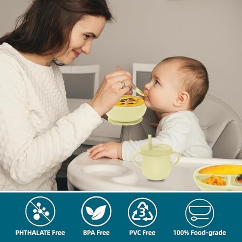 100% Silicone baby feeding set,BPA free Baby dishes set with Suction Bowl Divided Plate,Toddler Self Feeding Dish Set with Spoons Forks Sippy Cup And Bib, Baby Eating Utensils (Yellow) - Image 6
