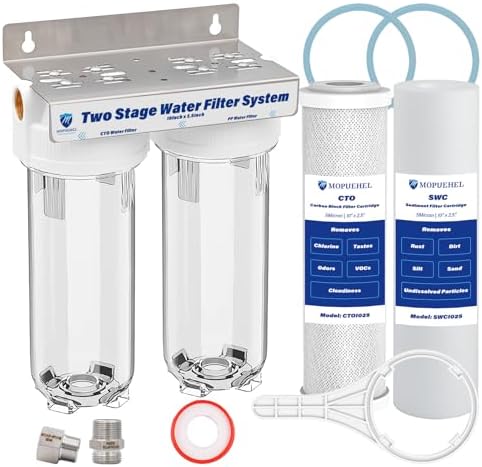 Dual Stage RV Water Filter System, Camper Water Filter, Inline Filtration for RVs, Boats, Motorhomes, Marine & Garden, with 304 SS Mounting Bracket & 3/4" GHT Garden Hose Fitting, Includes PP & CTO by MOPUEHEL