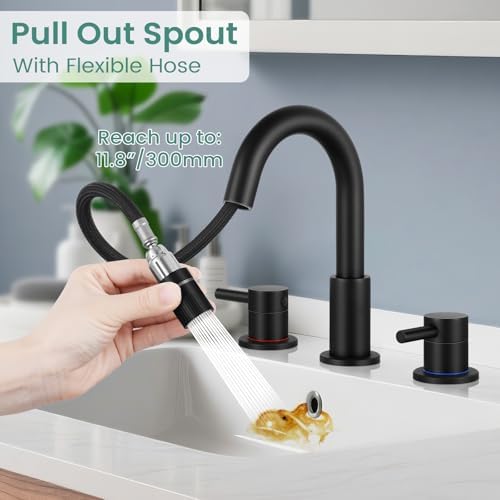 Bathroom Faucet 3 Hole with Pull Down Sprayer Matte Black, 2-Handle - Image 2