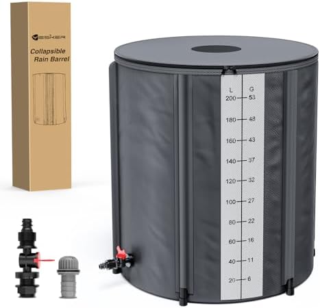 Yesker Collapsible Rain Barrel, 53 Gallon Portable Rainwater Collection System, 550D PVC Water Storage Tank, Rain Catcher with Spigots Filter Overflow Kit, Grey by YESKER