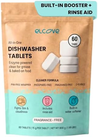 Non Toxic Dishwasher Detergent, 60pk All-in-One Dishwasher Tablets with Built-In Dishwasher Rinse Aid and Water Softener, Free and Clear Dishwasher Pods, Unscented, Septic Safe by Elcove