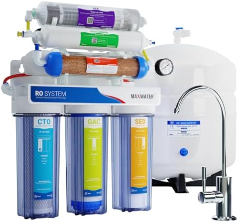 Max Water 12-Stage Premium 50 GPD RODI (Reverse Osmosis Deionization) System with UV, pH Alkaline, Multi-Mineral Infrared – Dual Outlet Under-Sink Water Filter for Drinking & Aquarium System by MaxWater