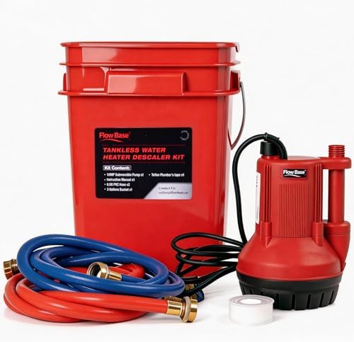 Tankless Water Heater Flushing Kit, 1/6HP Submersible Pump with 1500GPH Max Flow & 23ft Max Head, 3 Gallon Buckets, 2×6.5ft PVC Hoses & Teflon Plumber’s Tape by FLOWBASE