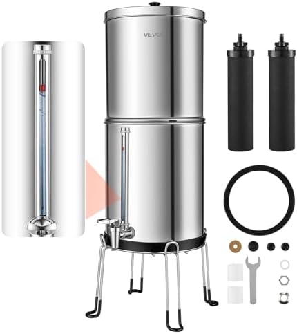 VEVOR Gravity-fed Water Filter System, 2.25G 304 Stainless-Steel Countertop Water Filtration System, Reduces Lead and up to 99% of Chlorine, w/ 2 Carbon Filter, Spigot, Stand by VEVOR