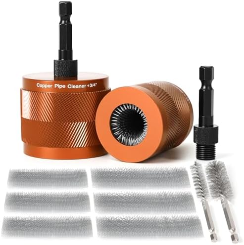 1/2" & 3/4" Copper Pipe Cleaner Set for Drill, with 1/4" Hex Shank & 6 Brush Blades & 2 Pipe Cleaning Brush, Plumbing Tools for Removing Rust, Stains & Paint from Copper & Metal Pipes, Orange by Unknown