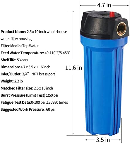 Geekpure 10-Inch Whole House Slim Water Filter Housing for 2.5" x 10" Filter - 3/4" NPT Brass Port - with Air Relief Valve-Blue-Pack of 3 - Image 3