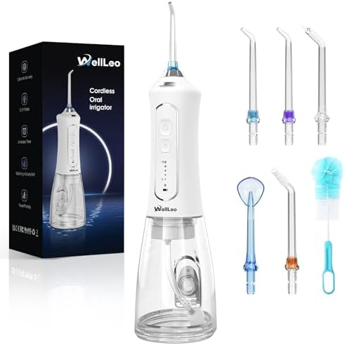 WellLeo Water Flosser for Teeth, 300ML Cordless Oral Irrigator Rechargeable Dental Flosser Picks with 5 Modes 5 Jet Tips,IPX7 Waterproof Teeth Cleaner for Braces Gum Care, Home Travel Use by Wellleo